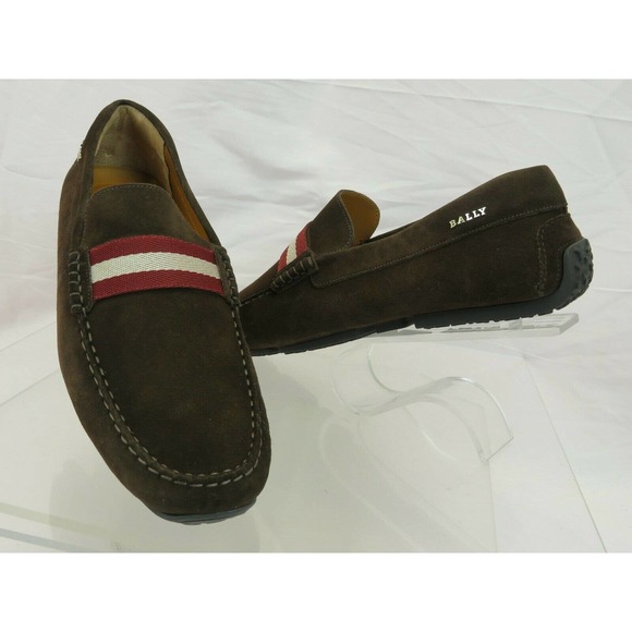 BALLY PEARCE COFFEE BROWN SUEDE WEB LOGO DRIVE LOAFERS US 10 EEE 43 ITALY